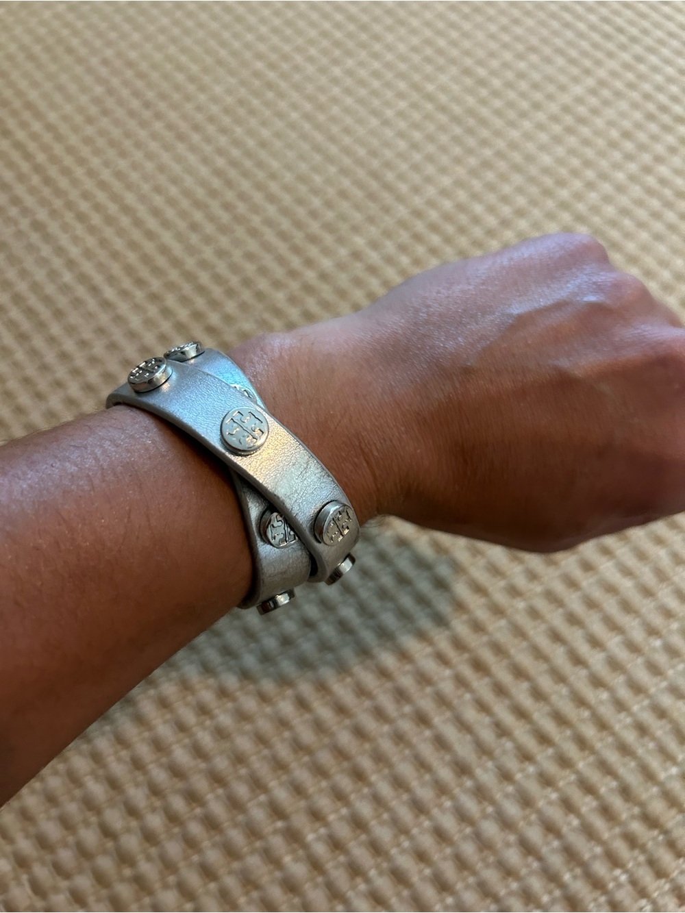 Tory Burch Metallic Silver Double-Wrap Logo Leather Bracelet